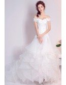 Cascading Ruffle Lace Beading Wedding Dress With Off Shoulder Straps