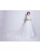 1/2 Sleeves Lace Beaded Ballroom Wedding Dress With Long Train