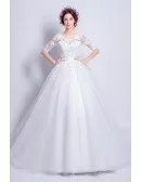 1/2 Sleeves Lace Beaded Ballroom Wedding Dress With Long Train