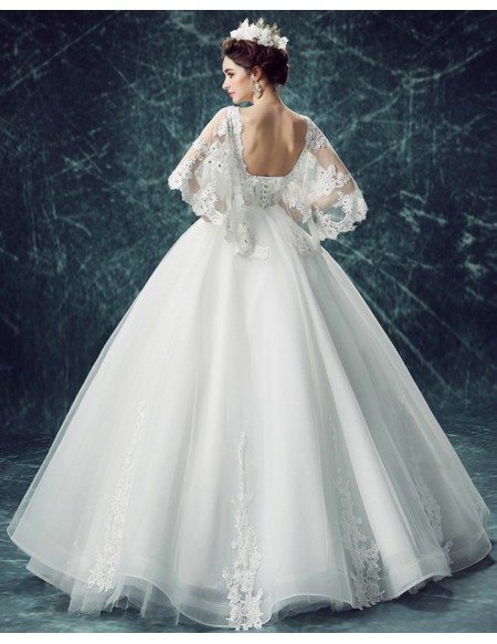 Princess Cape Sleeve Lace Beaded Ball Gown Wedding Dress With Open Back