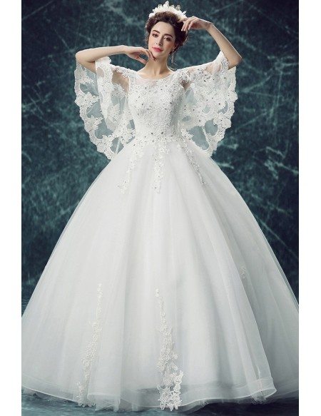 Princess Cape Sleeve Lace Beaded Ball Gown Wedding Dress With Open Back