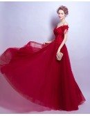 Off Shoulder Burgundy Tulle Prom Dress Long With Lace Beading
