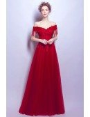 Off Shoulder Burgundy Tulle Prom Dress Long With Lace Beading