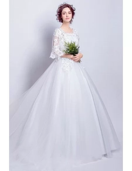Inexpensive Vintage Ballroom Wedding Dress With Lace Flare Sleeves