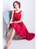 Pretty Red Beaded Lace Party Dress Sleeveless In High Low Style