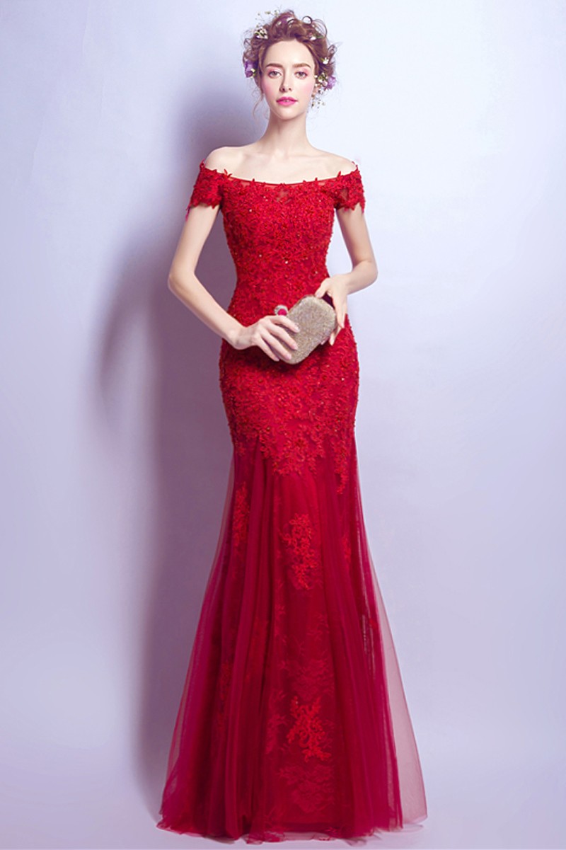 off the shoulder fitted gown