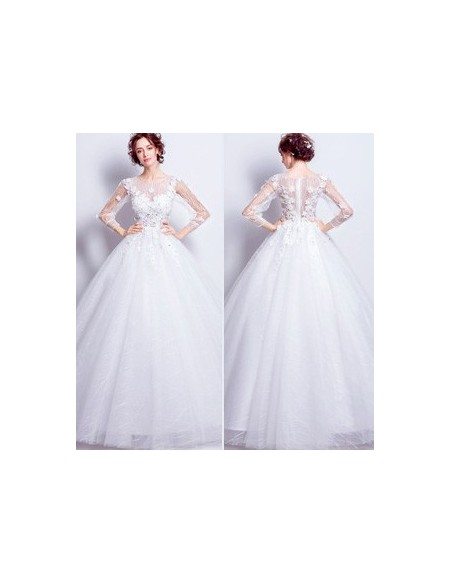 Beautiful Tulle Ballroom Bridal Gown With Long Floral Sleeves