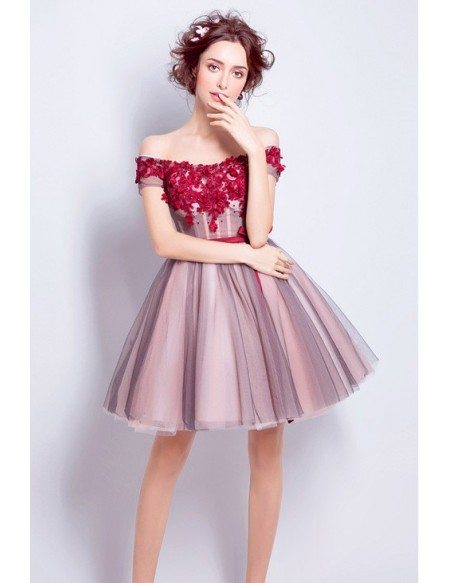 Floral Short Red Homecoming Prom Dress With Off Shoulder Straps