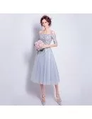 Off Shoulder Sleeves Grey Lace Beaded Party Dress Tea Length