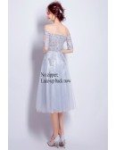 Off Shoulder Sleeves Grey Lace Beaded Party Dress Tea Length