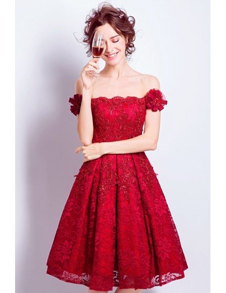 All Lace Red Short Homecoming Dress With Off Shoulder Flower Straps