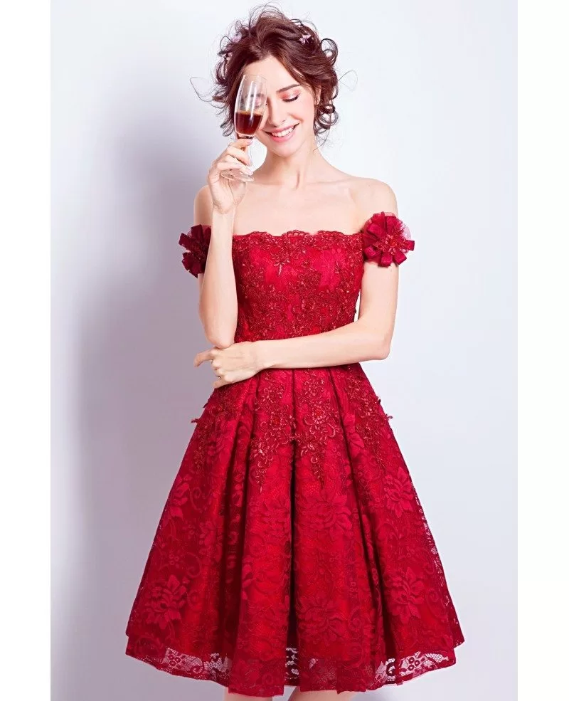 All Lace Red Short Homecoming Dress With Off Shoulder Flower Straps ...