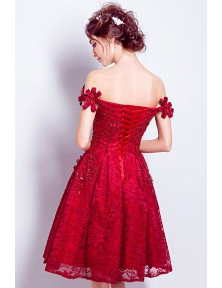 All Lace Red Short Homecoming Dress With Off Shoulder Flower Straps