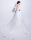 Goddess Lace Long Train Bridal Dress With 1/2 Off Shoulder Sleeves