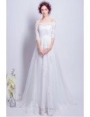 Goddess Lace Long Train Bridal Dress With 1/2 Off Shoulder Sleeves