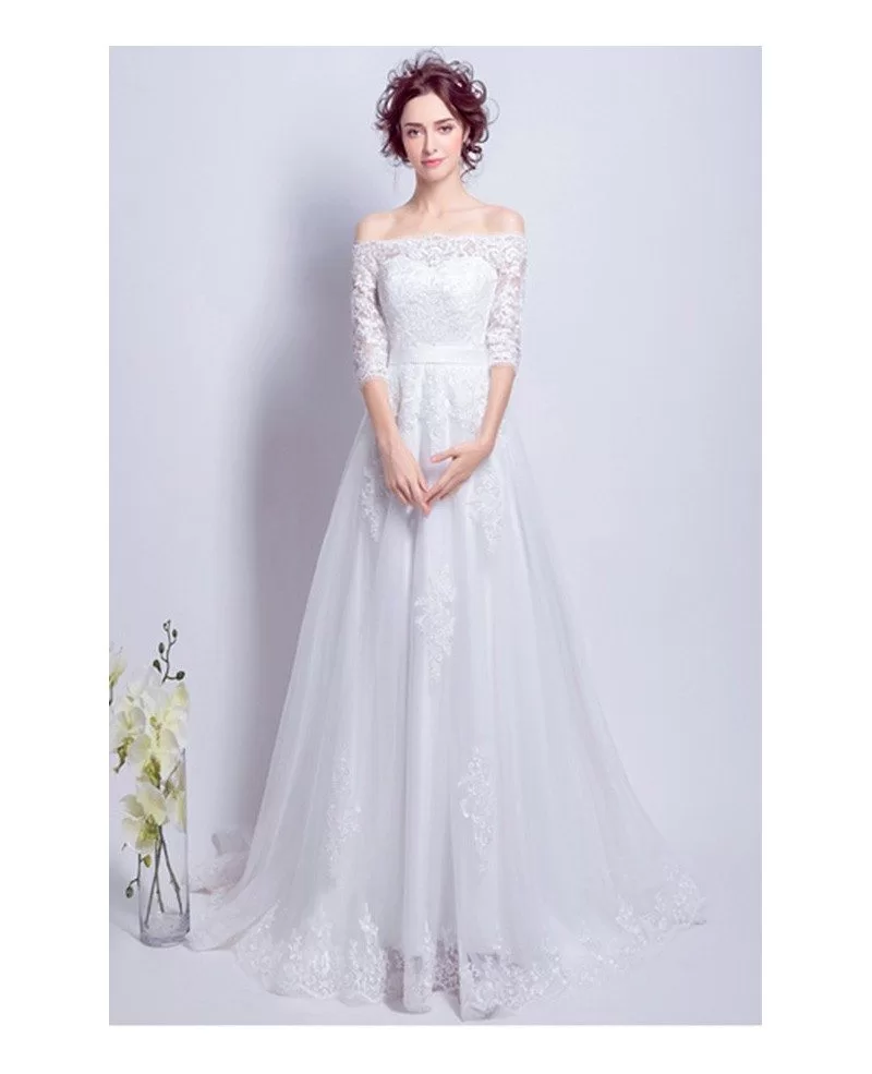Goddess Lace Long Train Bridal Dress With 1/2 Off Shoulder Sleeves ...