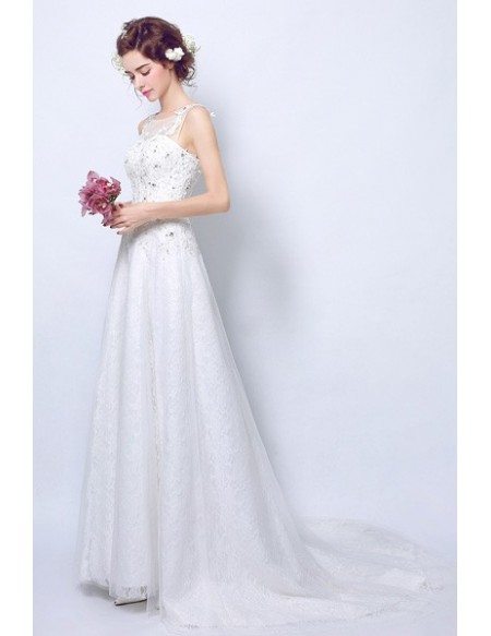 Gorgeous A Line Lace Beaded Bridal Dress Sleeveless With Train