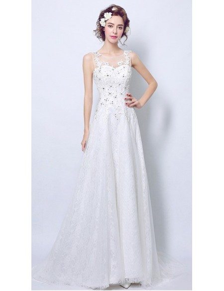 Gorgeous A Line Lace Beaded Bridal Dress Sleeveless With Train