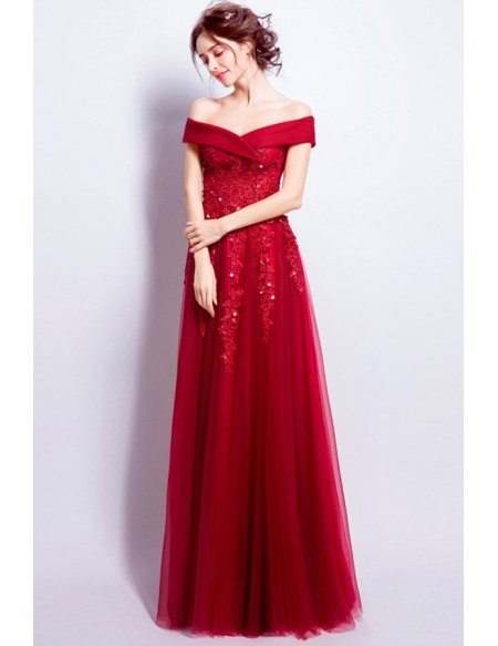 Elegant Burgundy Lace Tulle Party Dress With Off Shoulder Straps