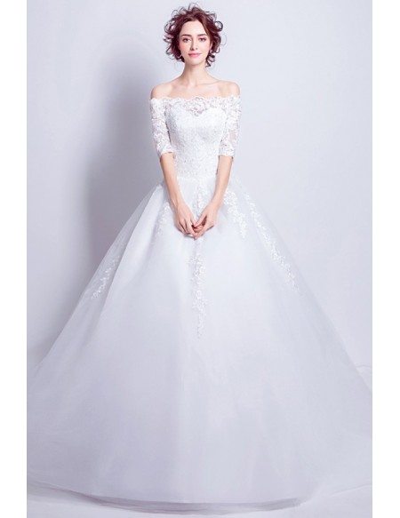 Princess Off Shoulder 1/2 Sleeve Lace Wedding Dress With Ball Gown Train