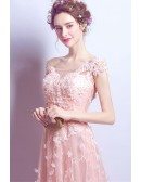 Goddess Pink Long Floral Prom Dress With Cap Lace Beading Sleeves