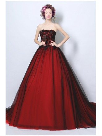 Strapless Black And Red Ball Gown Wedding Party Dress Long Train