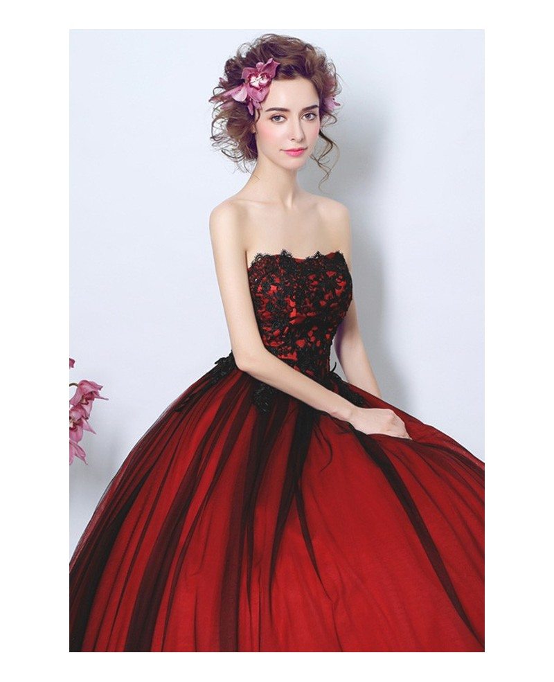 Strapless Black And Red Ball Gown Wedding Party Dress Long