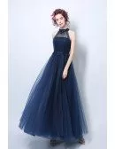 Vintage Long Halter Navy Blue Prom Dress With Beaded Lace