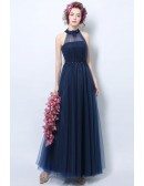 Vintage Long Halter Navy Blue Prom Dress With Beaded Lace