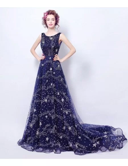 Sparkly Starry Dark Blue Long Formal Prom Dress With Train