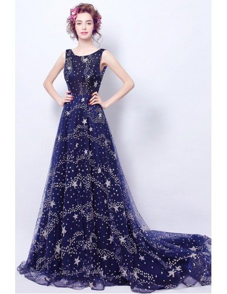 Sparkly Starry Dark Blue Long Formal Prom Dress With Train
