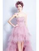 Cascading Ruffle Pink Hi Lo Prom Dress With Pleated Sequined Bodice
