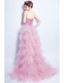 Cascading Ruffle Pink Hi Lo Prom Dress With Pleated Sequined Bodice