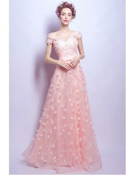 Goddess Pink Long Floral Prom Dress With Cap Lace Beading Sleeves