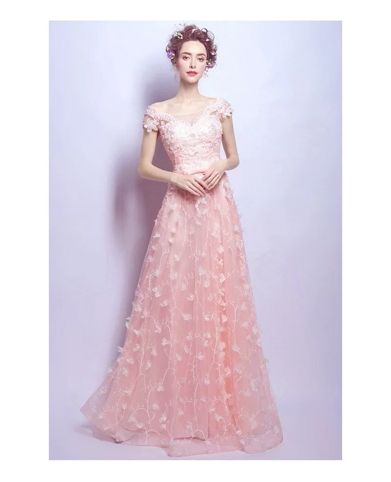 Goddess Pink Long Floral Prom Dress With Cap Lace Beading Sleeves ...