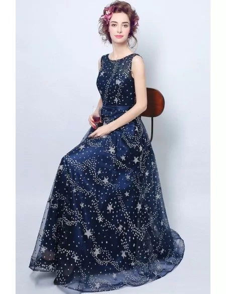 Shining Starry Navy Blue Prom Dress Long With Open Back