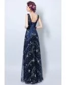 Shining Starry Navy Blue Prom Dress Long With Open Back
