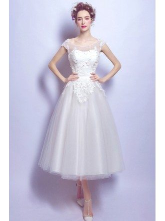 Vintage Tea Length Lace Beading Wedding Dress With Cap Sleeves