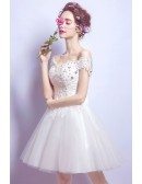 Off Shoulder Strap Short Wedding Reception Dress With Lace Beading