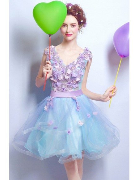 Cute Lavender Blue Floral V-neck Short Prom Dress With Open Back