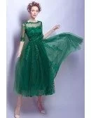 Modest Green Sleeves Tea Length Lace Prom Dress With Sheer Back