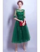 Modest Green Sleeves Tea Length Lace Prom Dress With Sheer Back