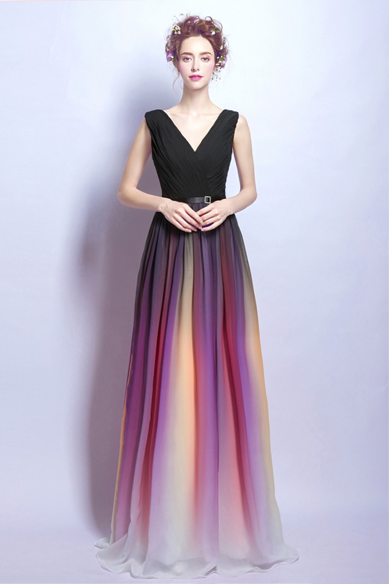 Simple Chiffon Ombre Iridescent Long Prom Dress With Pleated Top ...