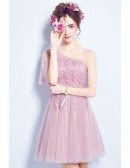 Cute Pink One Shoulder Lace Party Dress In Cocktail Length