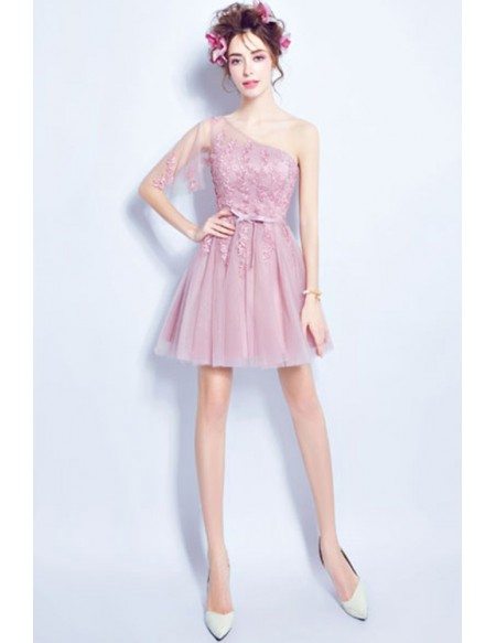 Cute Pink One Shoulder Lace Party Dress In Cocktail Length