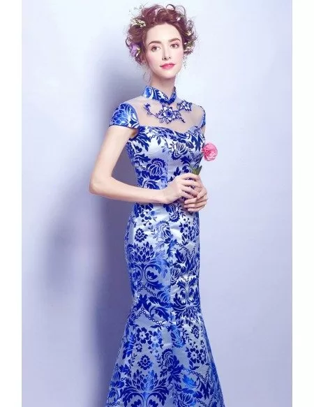 Vintage Blue And White Floral Print Formal Dress In Mermaid Style