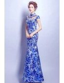 Vintage Blue And White Floral Print Formal Dress In Mermaid Style
