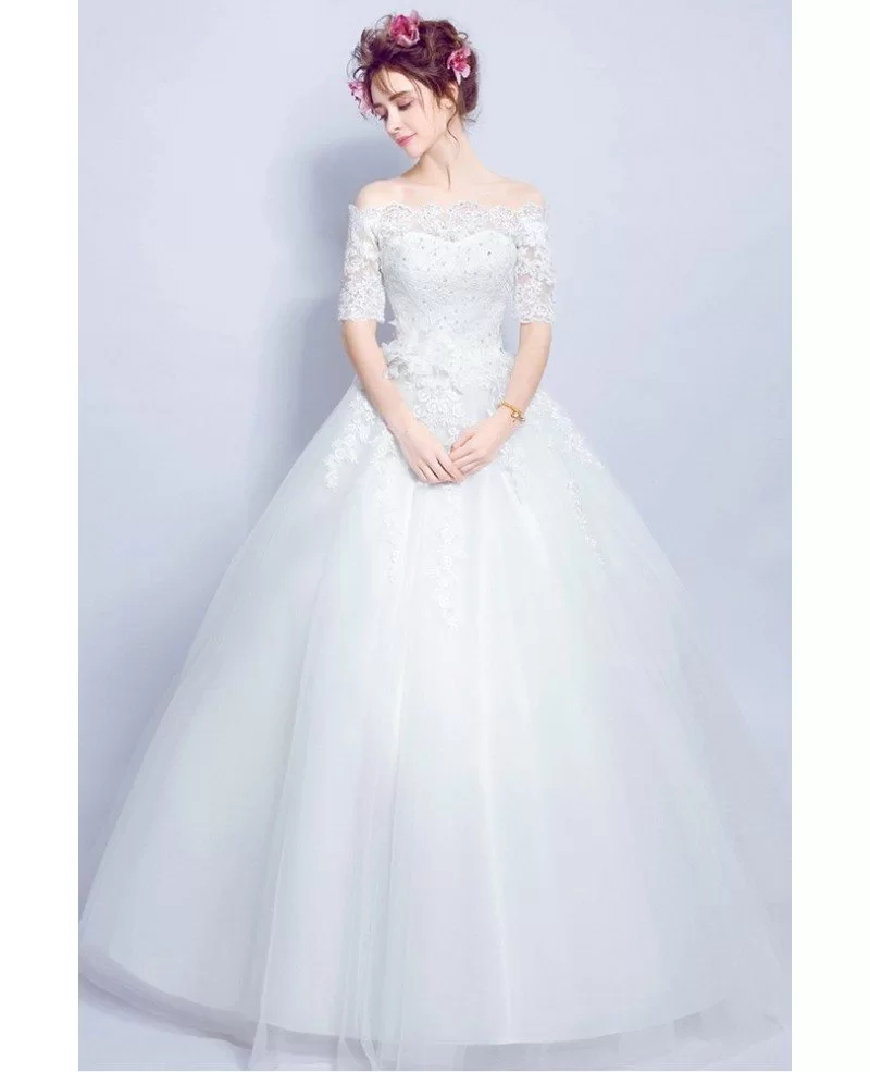 Cheap Off Shoulder Sleeved Ball Gown Wedding Dress With Lace Beading ...