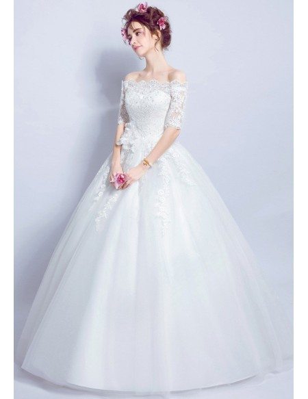 Cheap Off Shoulder Sleeved Ball Gown Wedding Dress With Lace Beading