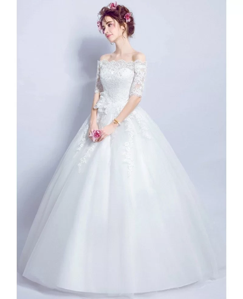 Cheap Off Shoulder Sleeved Ball Gown Wedding Dress With Lace Beading  Wholesale #T69570 